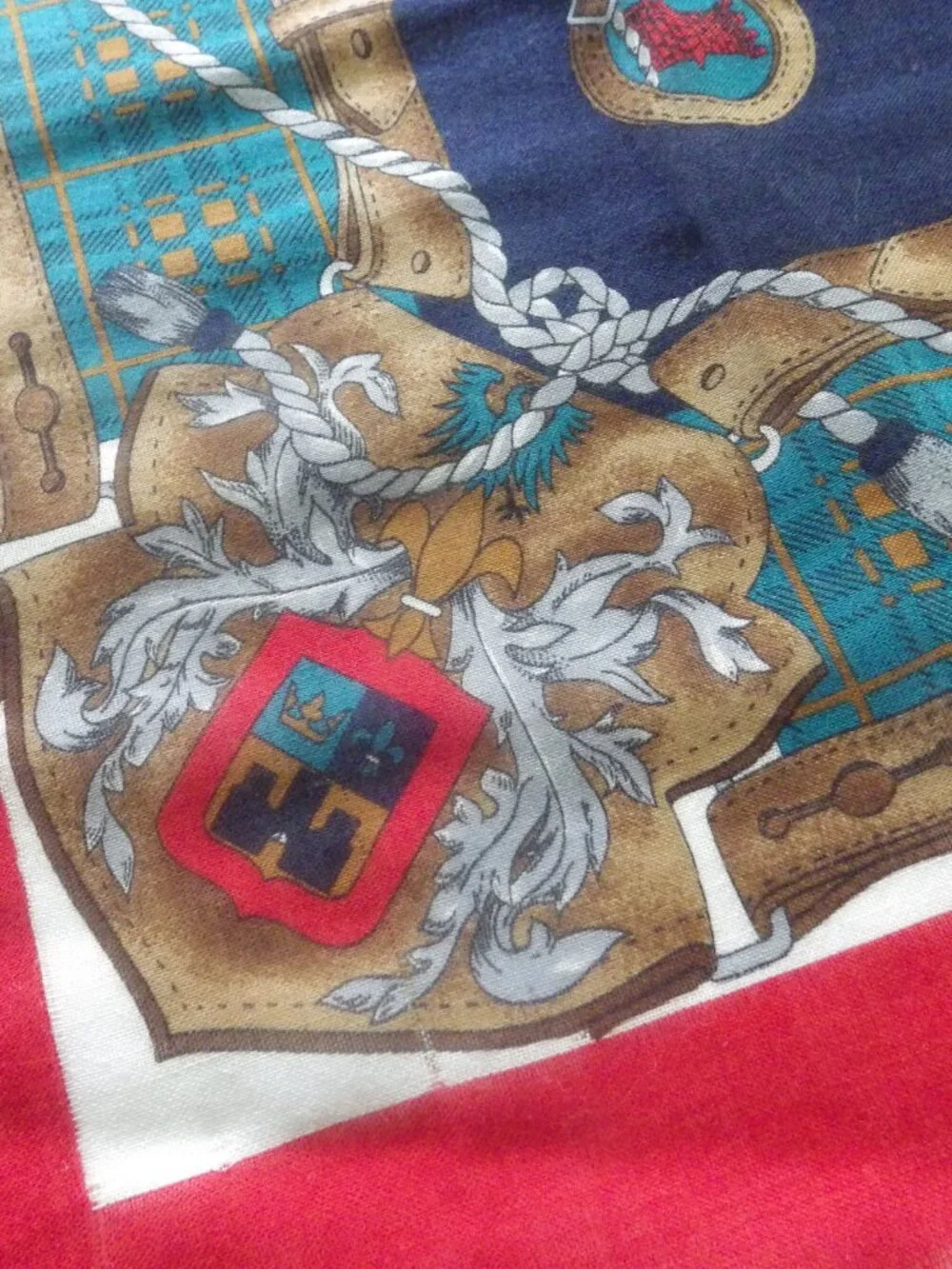 Vintage Lawn Cotton Scarf/ Heraldry/ Red/ Navy/ Green
